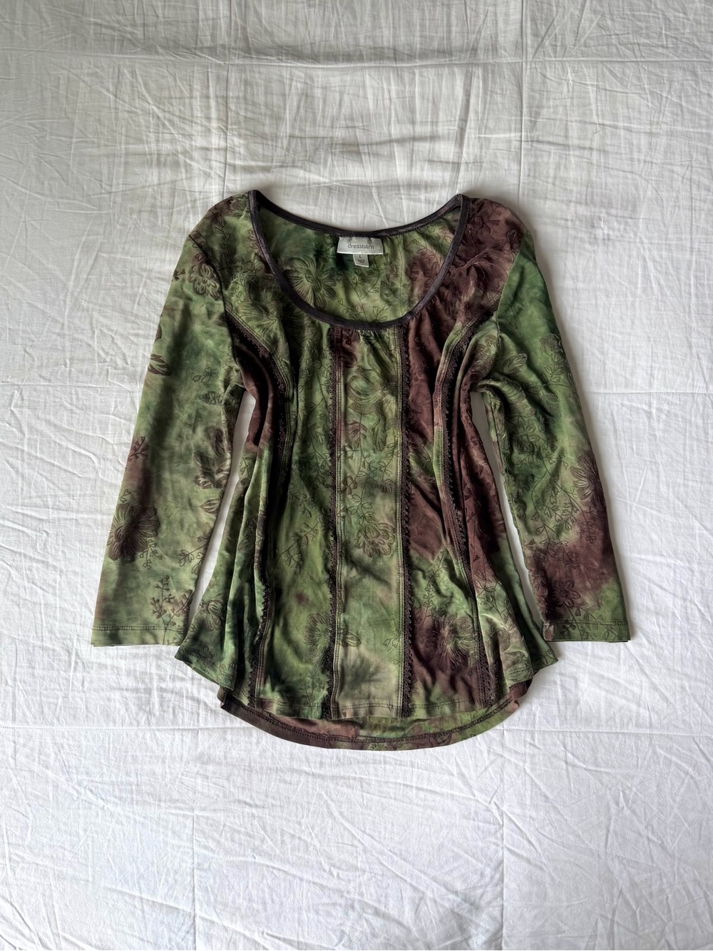 DressBarn Fairy Grunge Green & Brown Floral Corset Paneled 3/4 Sleeve Top Size M